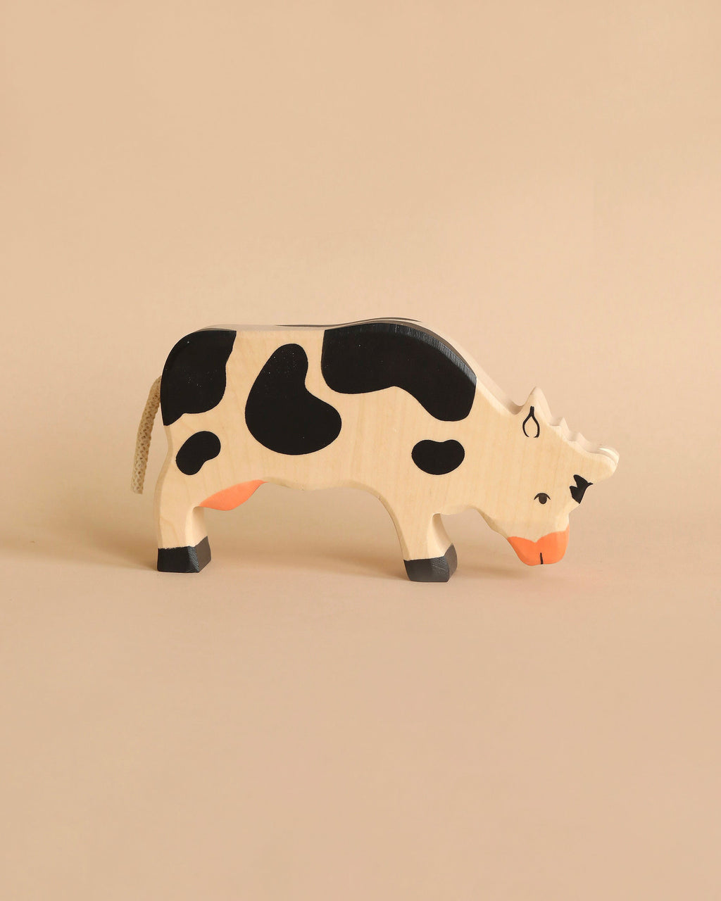 Wooden Grazing Black Cow Figure