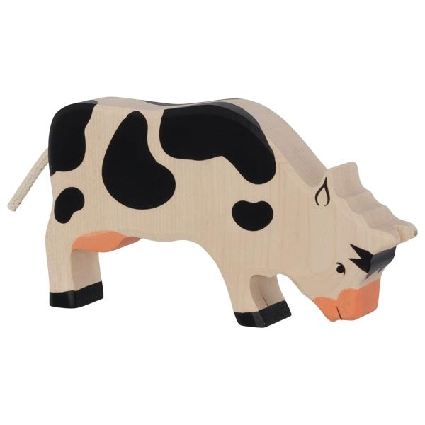 Wooden Grazing Black Cow Figure